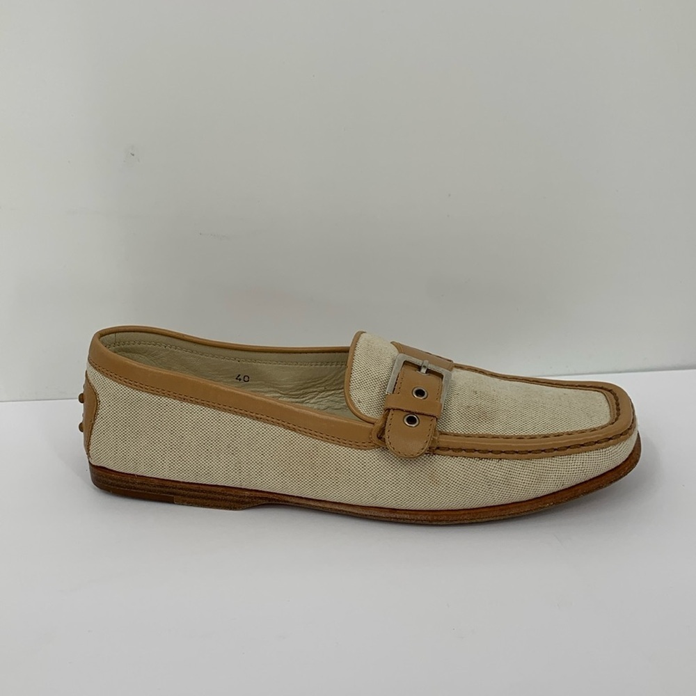 Tod's Beige Canvas and Tan Leather Buckle Loafers